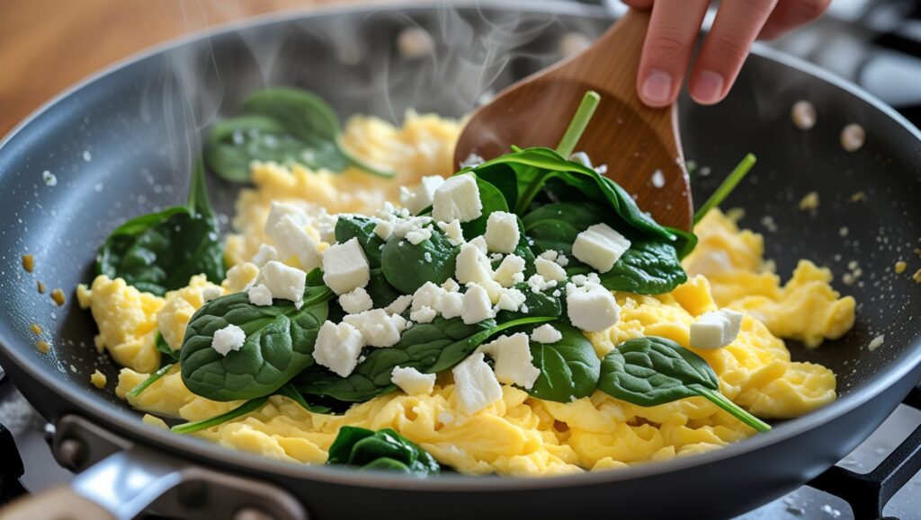 Cooking scrambled eggs with spinach and feta in a pan