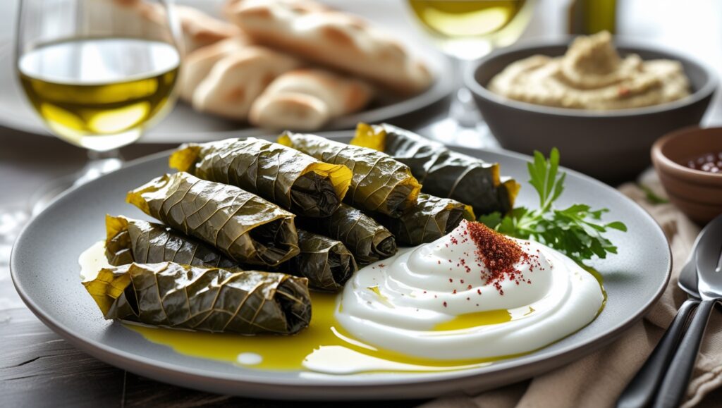 Stuffed Grape Leaves (Dolma) served with yogurt and pita