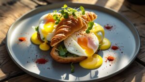 Eggs Benedict with a twist on a croissant, topped with hollandaise and microgreens.