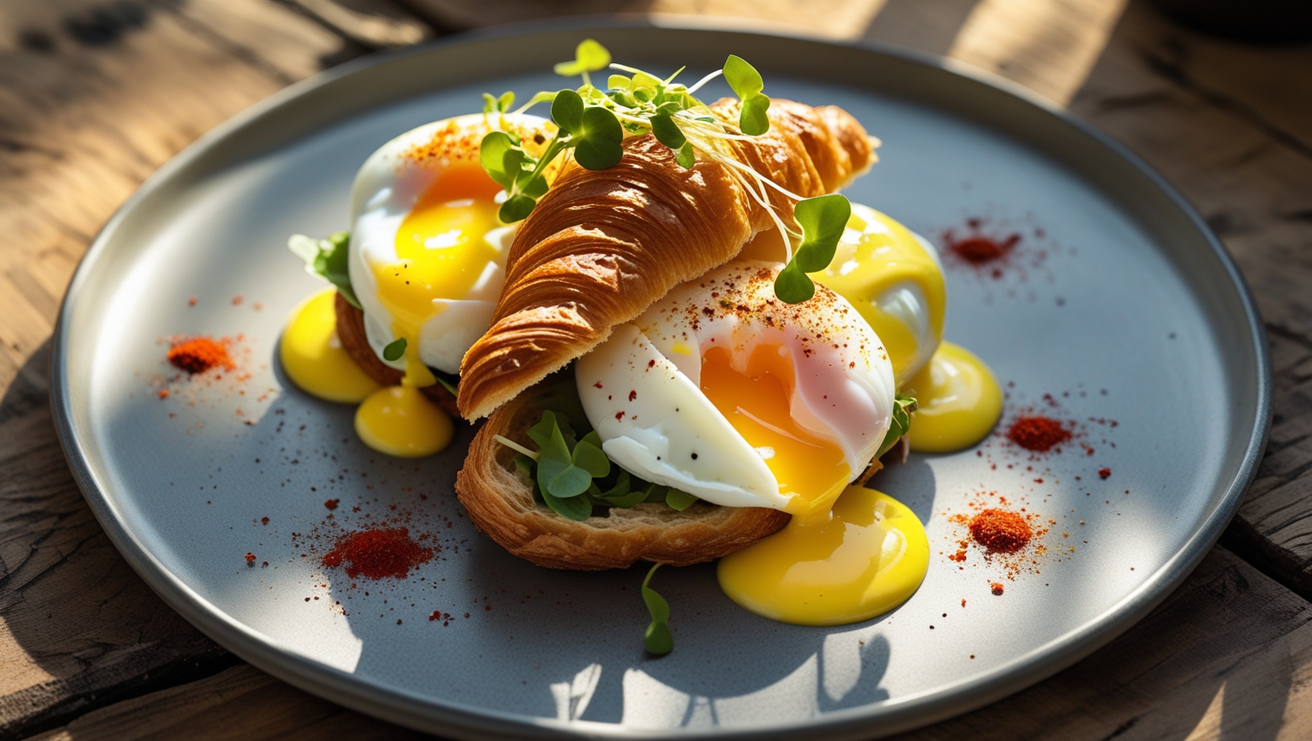 Eggs Benedict with a twist on a croissant, topped with hollandaise and microgreens.