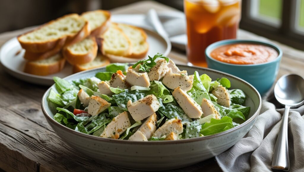 Chicken Caesar Salad with garlic bread and tomato soup