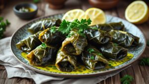 Stuffed Grape Leaves (Dolma) served with lemon and parsley