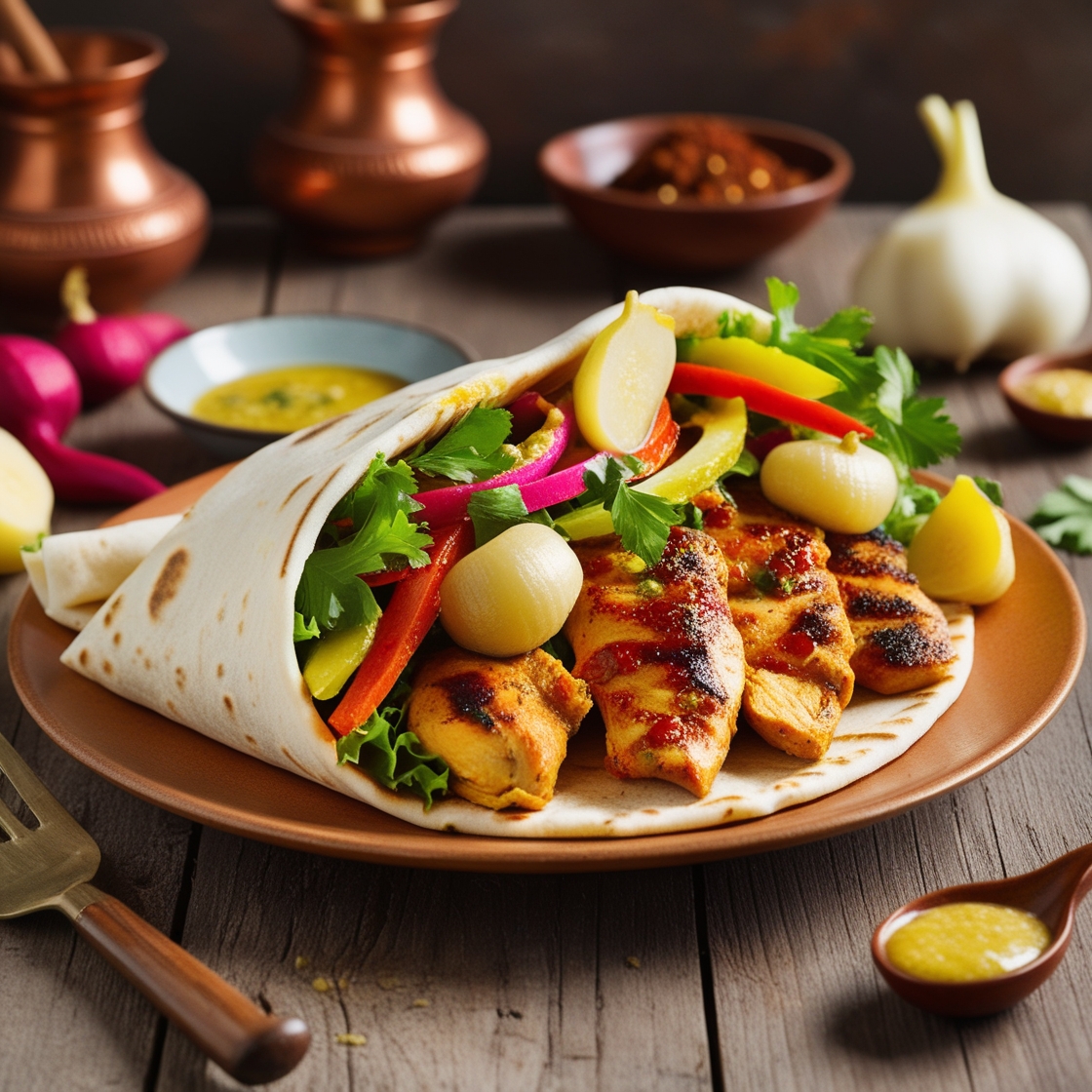 Shawarma wrap with chicken, vegetables, and garlic sauce