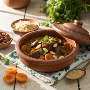 Traditional Moroccan Lamb Tagine in a rustic clay pot