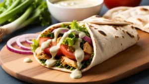 Close-up of a shawarma wrap with chicken and fresh vegetables