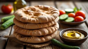 Freshly baked whole wheat pita bread with hummus and vegetables on a wooden table