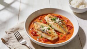 Creamy roasted pepper tilapia fillets served in a white bowl with fresh parsley and rice on the side.