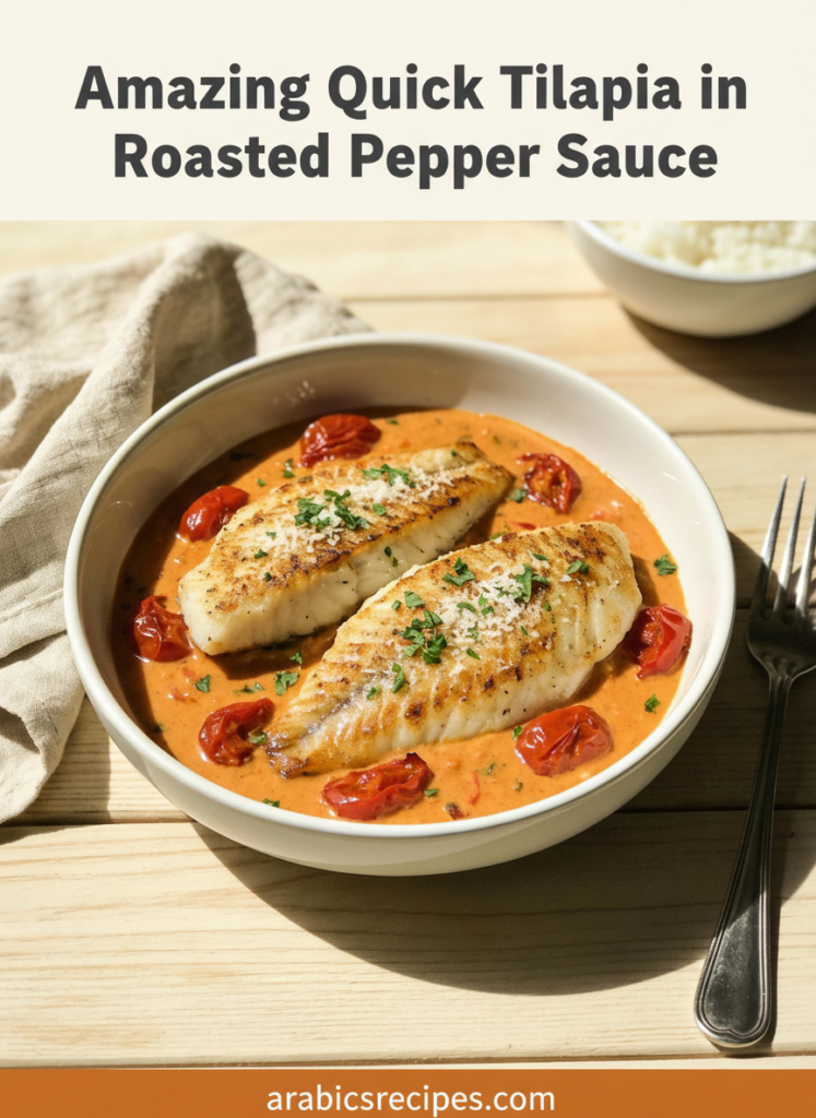 Vertical Pinterest-style photo showing golden-seared tilapia fillets in a creamy orange-red roasted pepper sauce, served in a white bowl on a light wooden table with rice in the background.