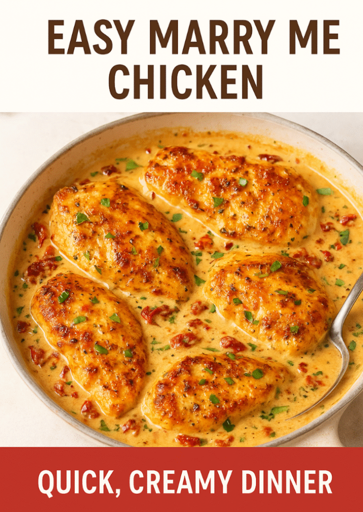 Poulet easy Marry Me Chicken crémeux dans une poêle avec sauce au parmesan et tomates séchées, décoré de basilic frais.