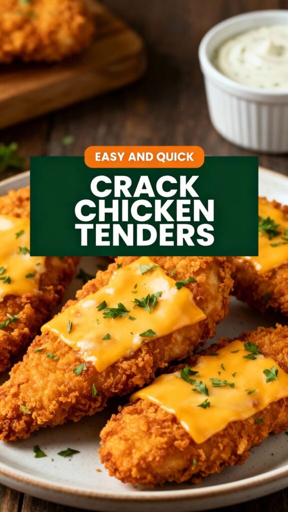 Crispy crack chicken tenders topped with melted cheese and fresh herbs on a plate with ranch dipping sauce