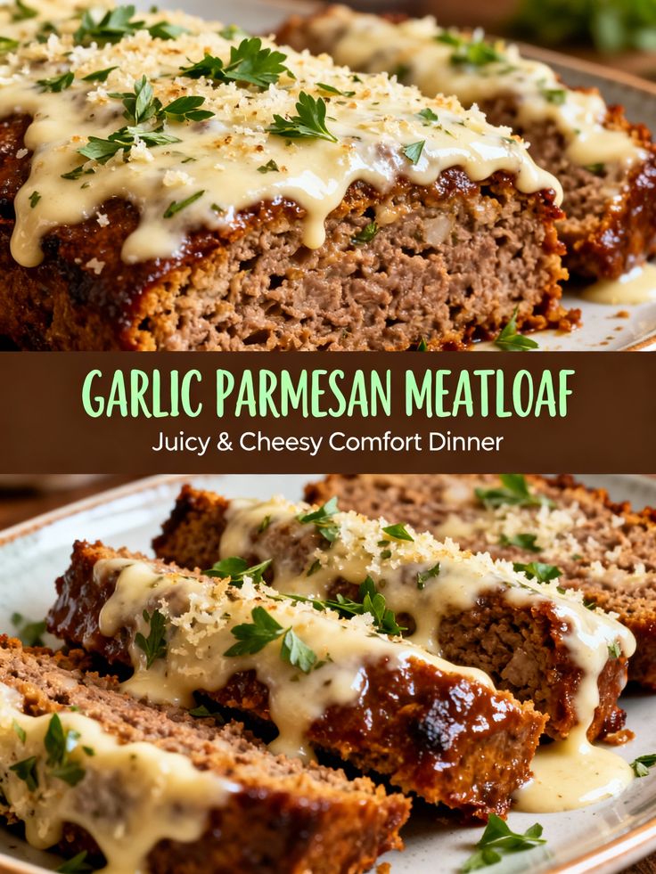 Creamy garlic Parmesan chicken meatloaf topped with melted cheese and fresh parsley, sliced on a plate for a cozy family dinner.