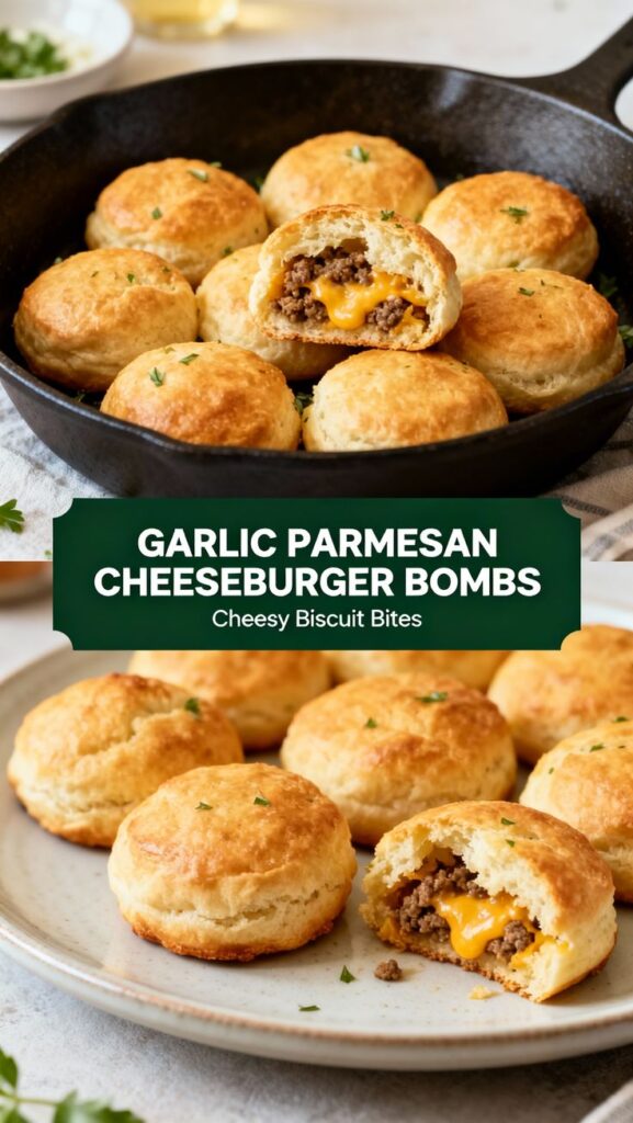 Golden biscuit bites filled with seasoned ground beef and melted cheese, arranged in a cast-iron skillet and on a plate for Garlic Parmesan Cheeseburger Bombs.