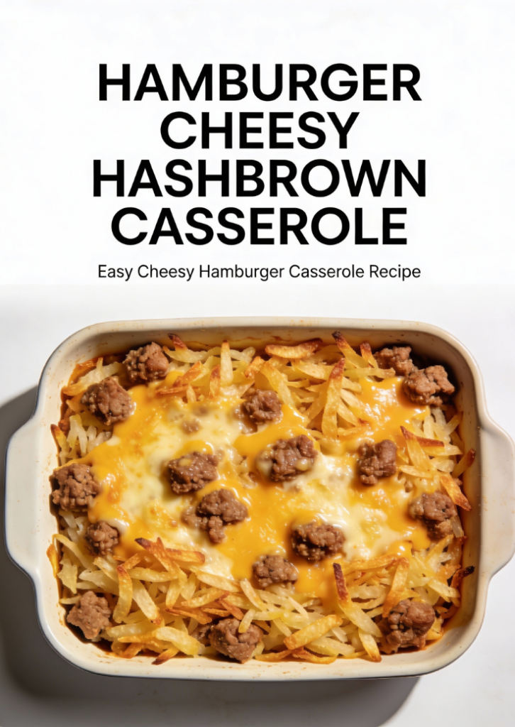 Vertical Pinterest pin showing a baked hamburger cheesy hashbrown casserole in a white dish, topped with melted cheddar and crispy potatoes, with bold text that reads “Hamburger Cheesy Hashbrown Casserole – Easy Cheesy Hamburger Hashbrown .