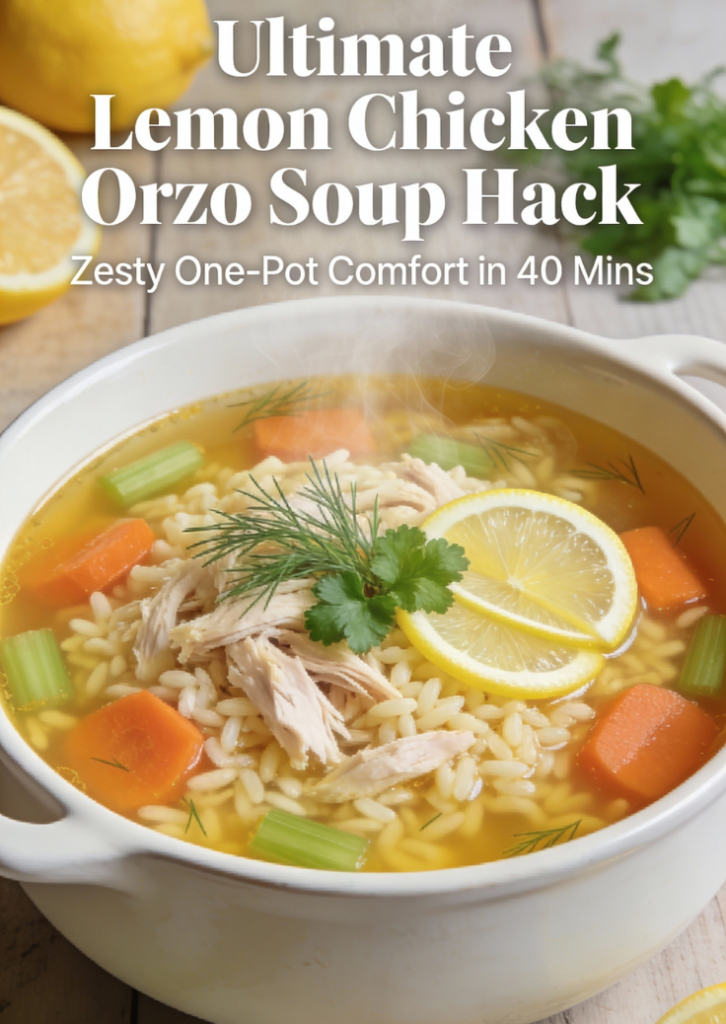 Steaming bowl of ultimate lemon chicken orzo soup with fresh lemon slices and herbs.