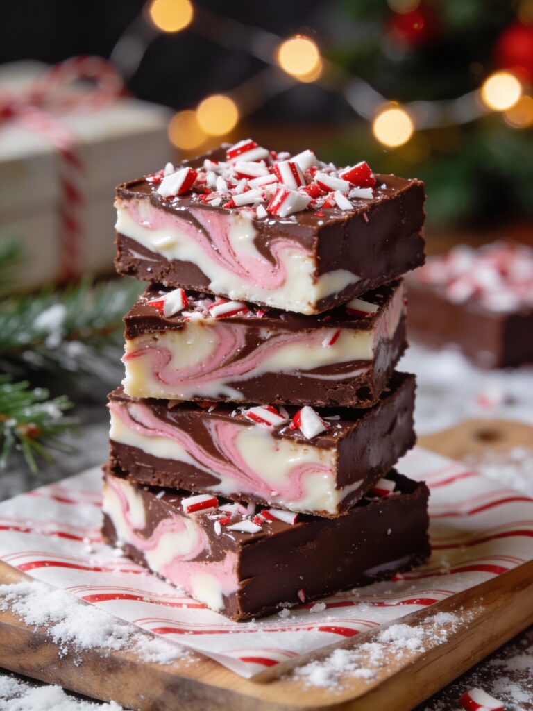 Wonderful Peppermint Swirl Fudge Gift 2 Wonderful Peppermint Swirl Fudge Gift stacked squares with pink mint swirls and candy crunch on holiday parchment