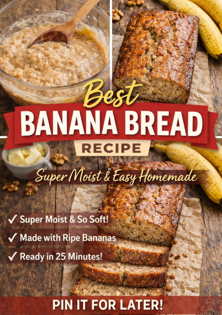 Overhead collage of super moist homemade banana bread with sliced loaf on rustic wooden table and banana batter in bowl, featuring text “Best Banana Bread Recipe , Super Moist & Easy Homemade”.
