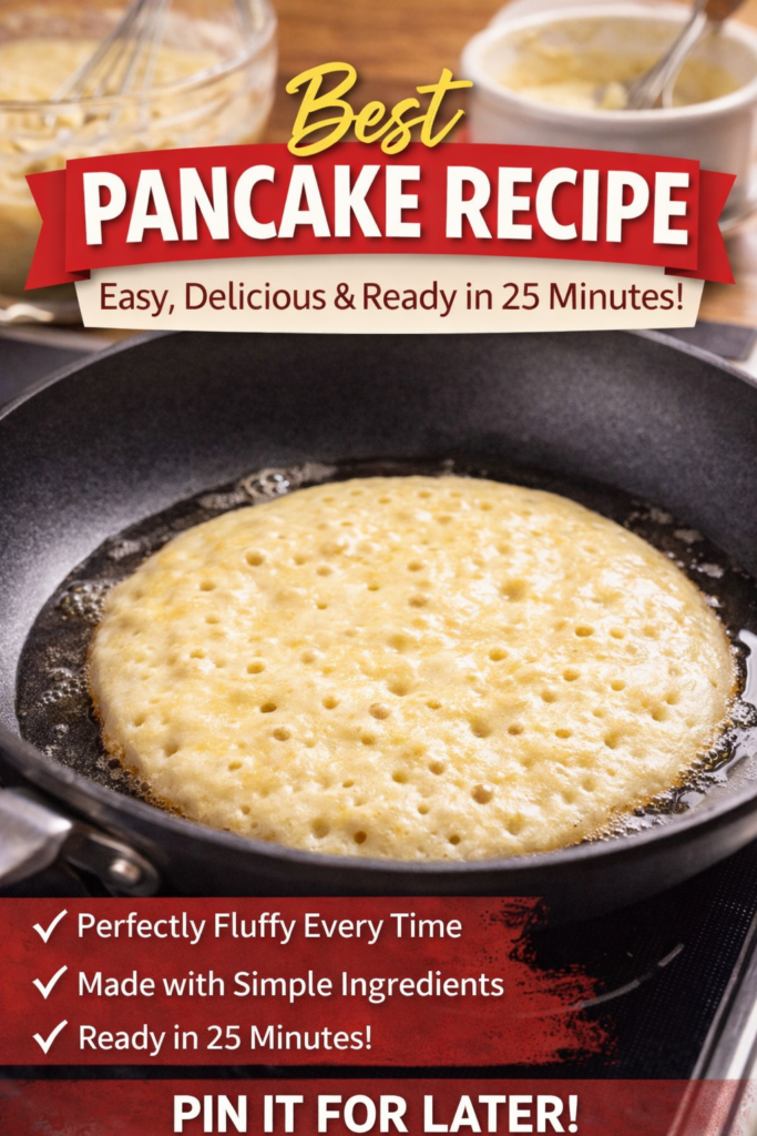 Close-up of Pancake Bread batter cooking in a skillet with bubbles forming on the surface, featuring text “Best Pancake Recipe – Easy, Delicious & Ready in 25 Minutes.