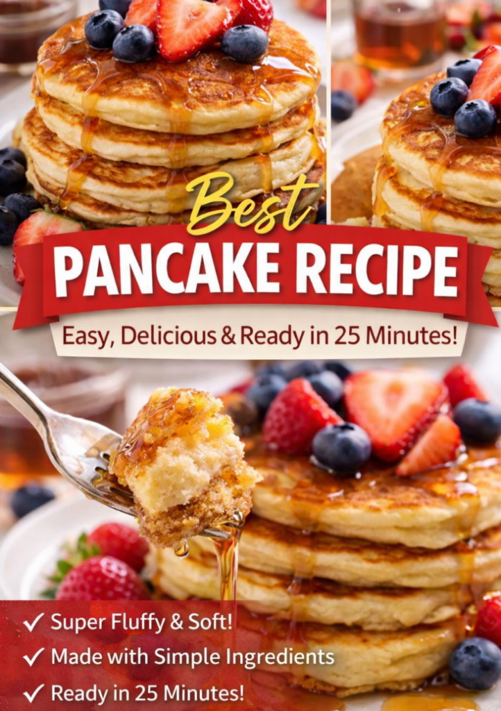 Overhead stack of fluffy golden pancakes topped with maple syrup, fresh strawberries and blueberries, featuring the title “Best Pancake Recipe – Easy, Delicious & Ready in 25 Minutes.
